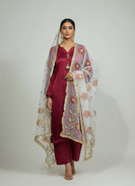 Maroon colour silk fabric long kurti and trousers with white hand painted organza dupatta.