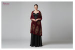 Maroon colour velvet fabric shawl with gold colour nano beads embellishments and intricate floral patterns by Famaza Couture
