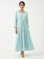 Model is showing the front view of this sky blue chikankari hand embroidered Aanarkali long dress.