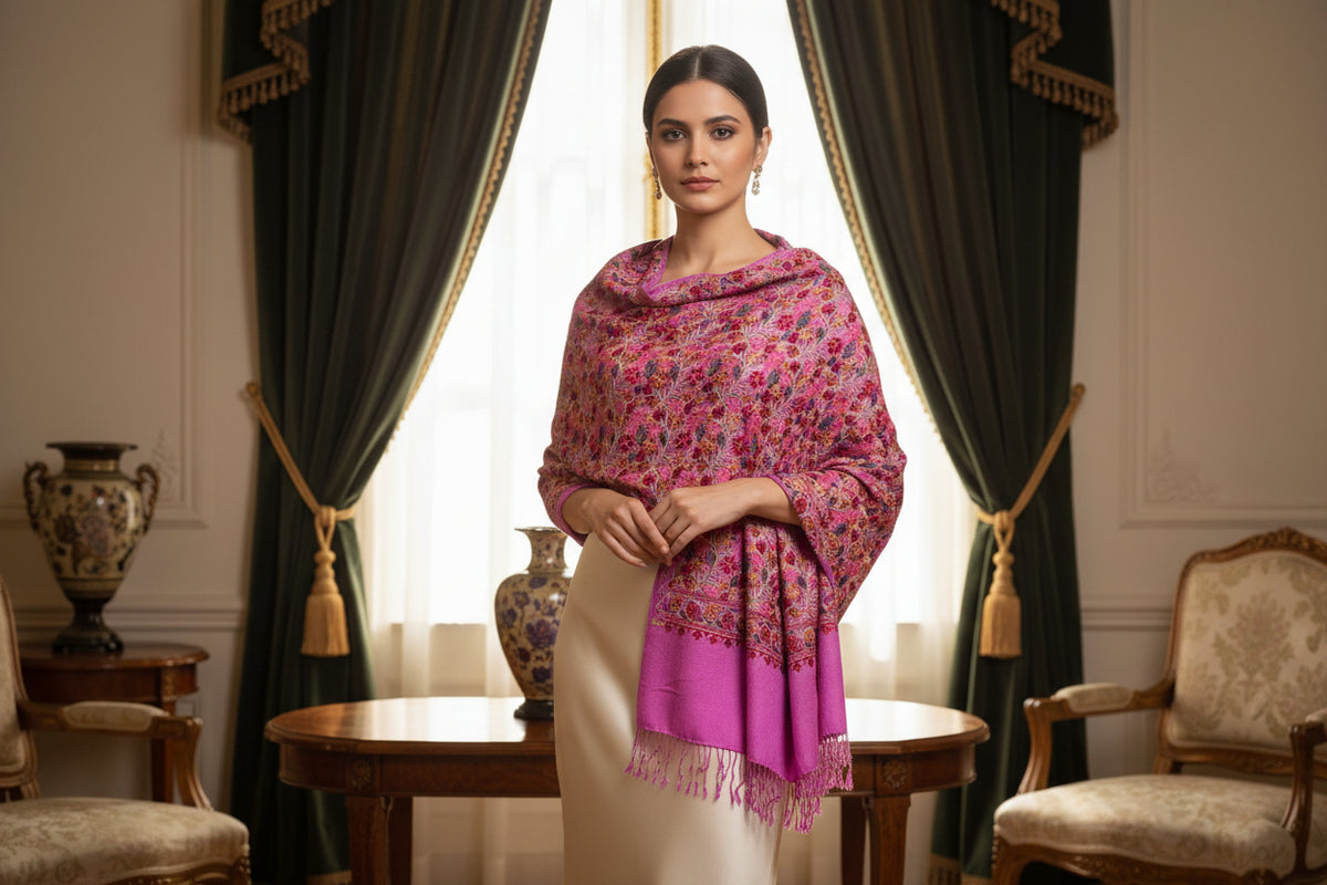 Model is wearing a pink base colour floral multi-colour embroidered shawl in an elegant room with curtains and furniture.
