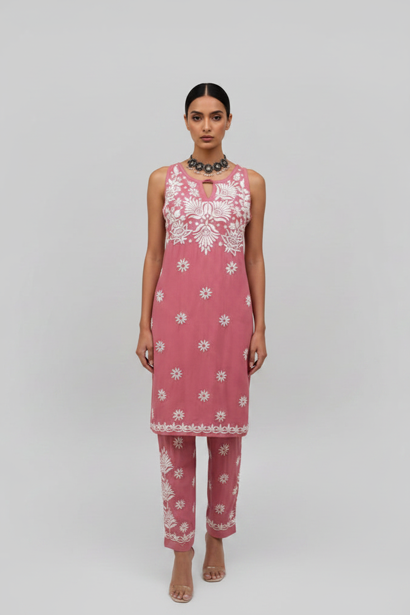 Model is wearing a pink dress with white floral patterns hand embroidery 2pc dress.