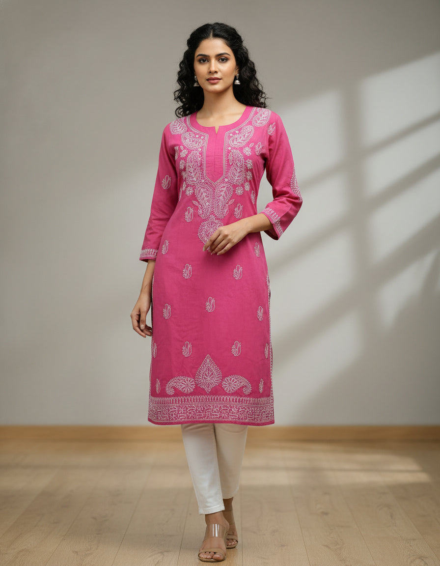 Model is wearing and posing in this hot pink colour cotton kurta with white hand embroidery with white jeans by famaza couture