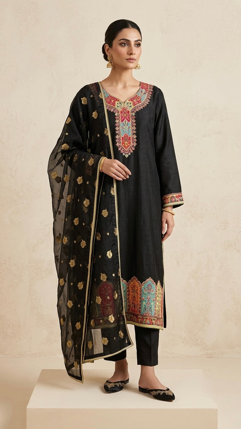 Model is wearing kanni silk kurti and trousers with banarsi dupatta