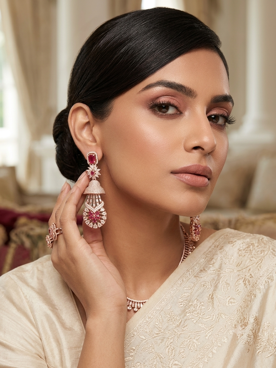 Model is wearing ruby pink American diamond earrings.