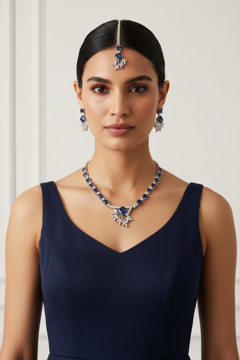 Model is wearing the American diamond jewellery set including necklace, earrings and maang tikka with navy blue centre stone.