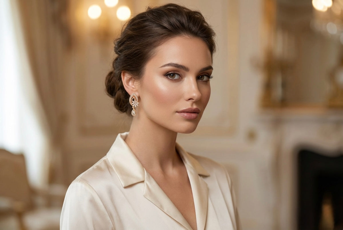 Model is wearing these rose gold earrings.