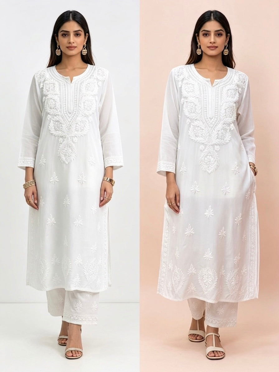 Model is wearing this 2pc white modal chikankari dress