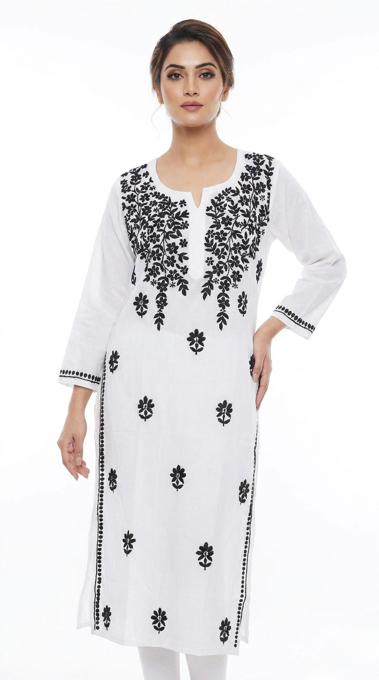 Model is wearing white rayon long kurti with black thread hand embroidery.