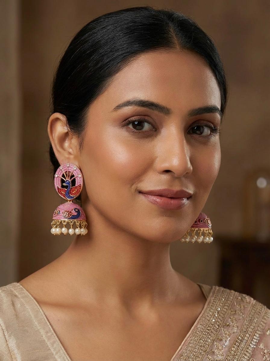 Model showcasing 5.5cm watermelon pink Meenakari jhumkas with a delicate white pearl-fringe finish.
