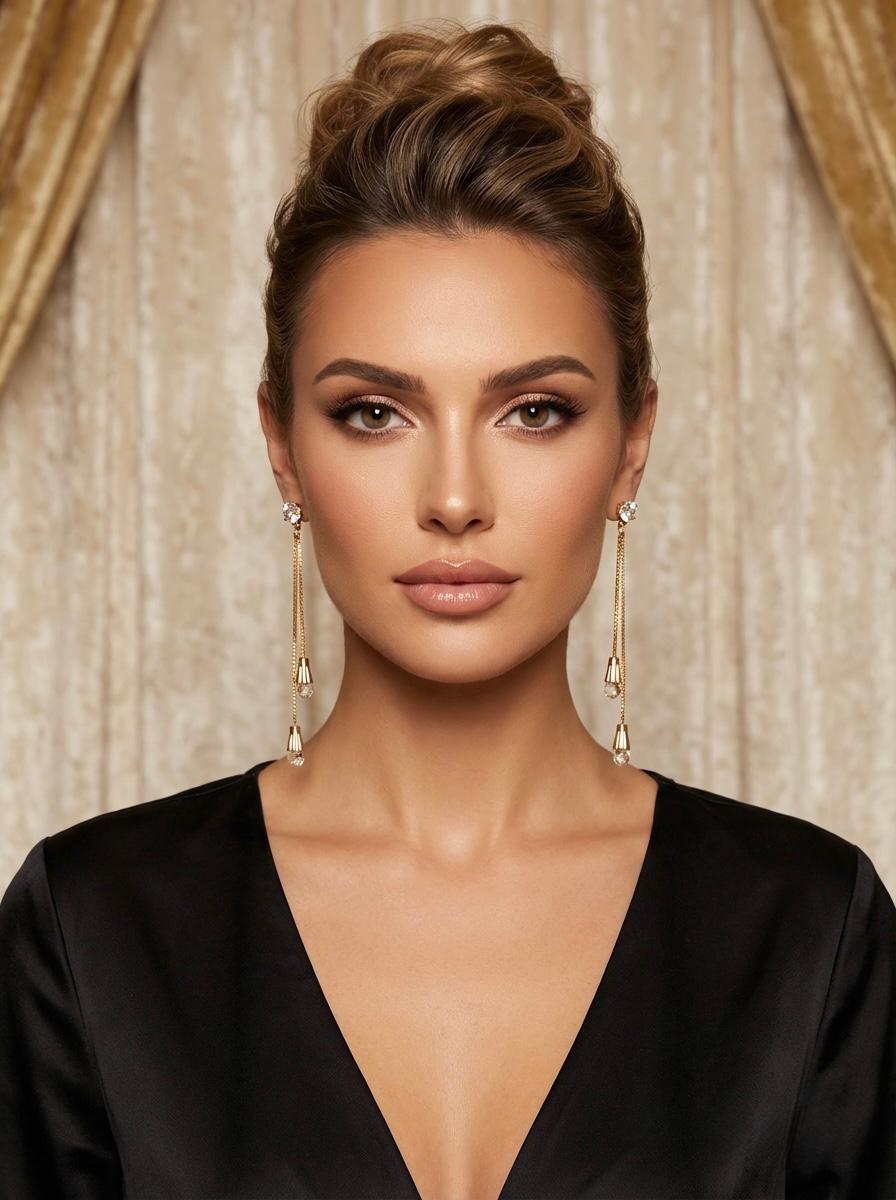 Model showcasing the dramatic 10cm shoulder-dusting length of the Celestial AD white stone statement earrings.