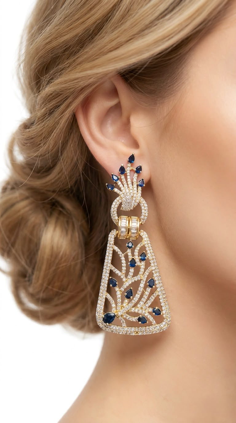 Model wearing elegant silver-toned dangle earrings with royal blue stones and intricate American Diamond filigree detailing.