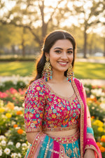 Model wearing long rose gold Tass earrings with AD stones and multi-colored crystal beads, styled as posh evening jewellery for a black-tie event.