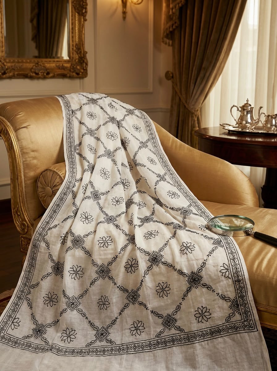 An elegant white cotton shawl or dupatta featuring intricate black floral and geometric embroidery, elegantly draped over a gold vintage chaise lounge.