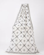 Full-length view of a white cotton dupatta featuring a delicate black embroidered floral lattice pattern and decorative border, displayed against a plain white background.