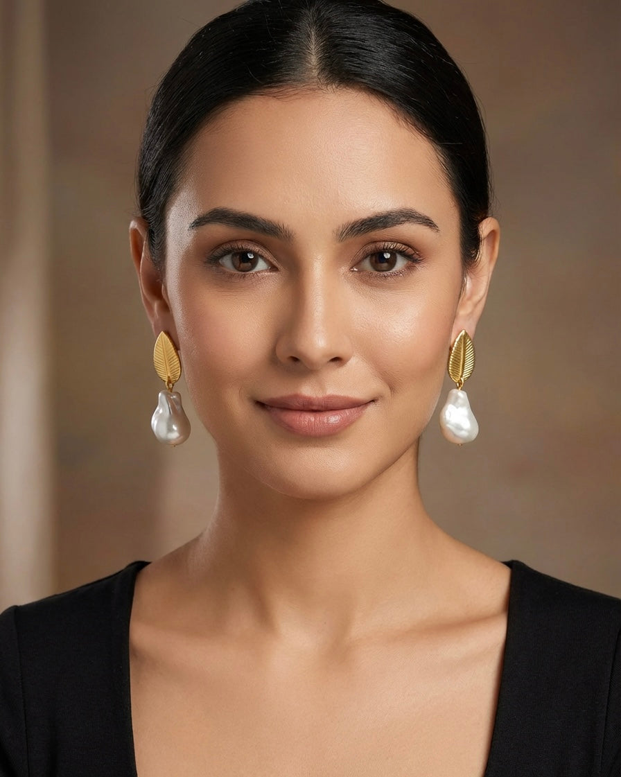 Gold Plated Leaf Earrings with Pearl Drops - English Jewellery Style