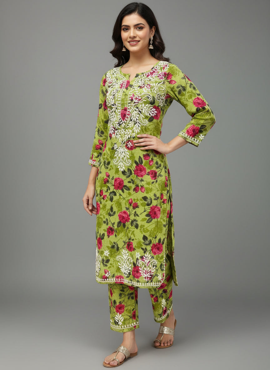 Mulmul fabric all over print with white thread chikankari embroidery long kurti and trousers.
