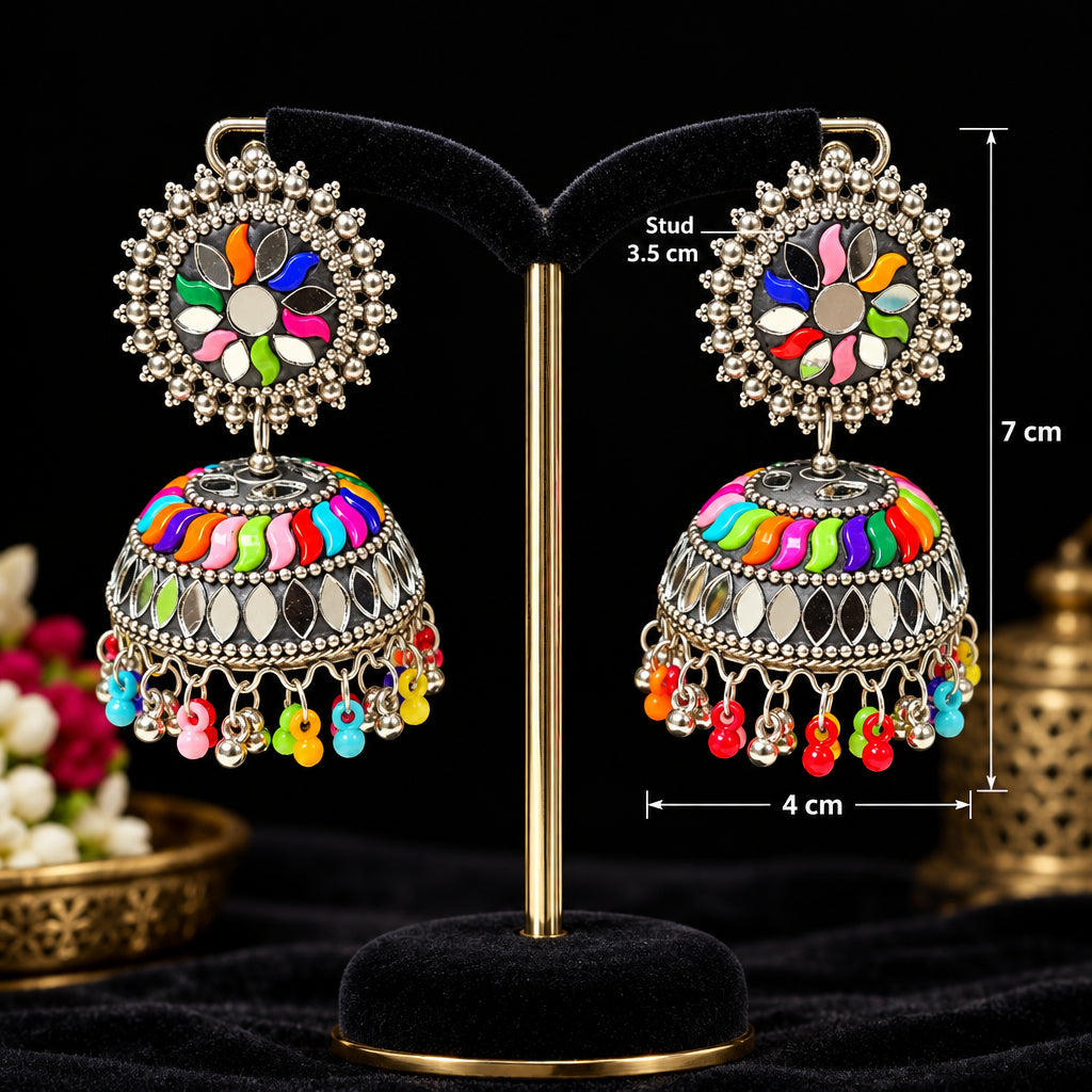 Multicolor mirror meenakari silver tone jhumka earrings — 7cm total length, 4cm width, 3.5cm stud, traditional Pakistani Indian bridal party jewelry.