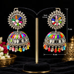 Multicolor mirror meenakari silver tone jhumka earrings — 7cm total length, 4cm width, 3.5cm stud, traditional Pakistani Indian bridal party jewelry.