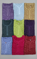 Multiple colours Chikankari kurties in viscose Fabricshown on a table