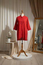 Muslin fabric red Chikankari short length kurti with collar and buttons, featuring intricate hand embroidery with floral motifs by famaza couture