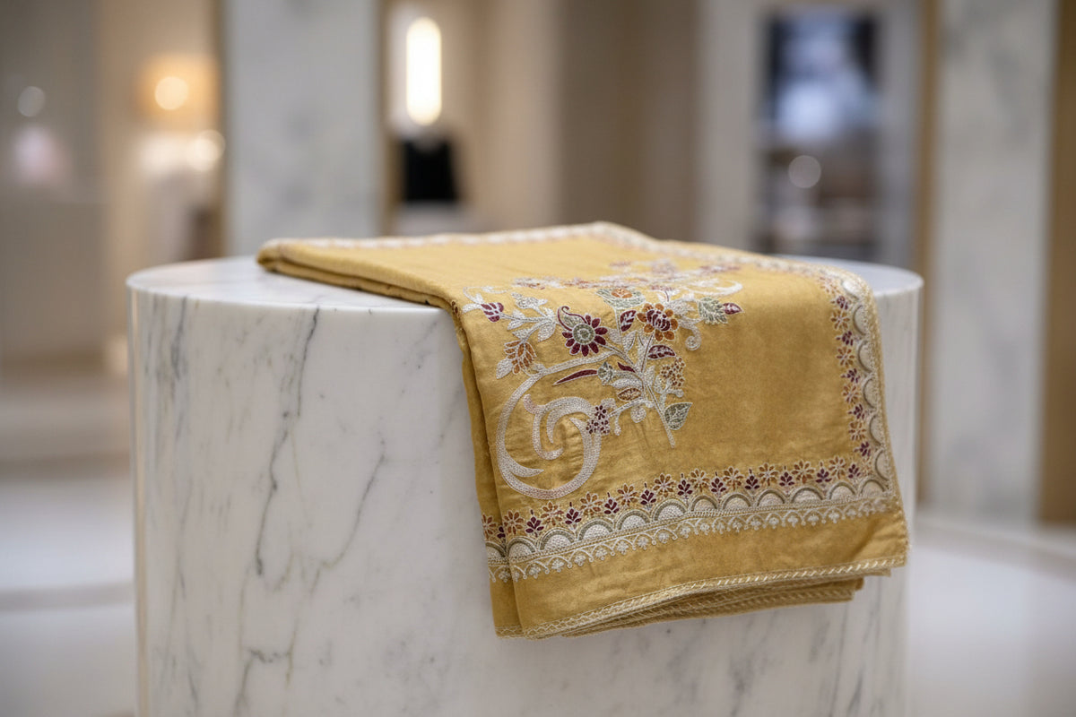 Mustard Kashmiri Aari embroidered marina scarf with tassels hanging at the ends, displayed on a wooden hanger with greenery in the background.