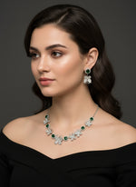 Nano American diamonds and emerlad green central stone necklace and earrings jewellery set by famaza couture