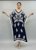 Navy Blue colour kaftan with white chikankari embroidery by famaza couture