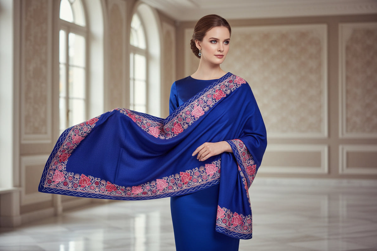 Navy blue shawl with floral patterns draped over a mannequin next to a black handbag on a small table against a marble wall.