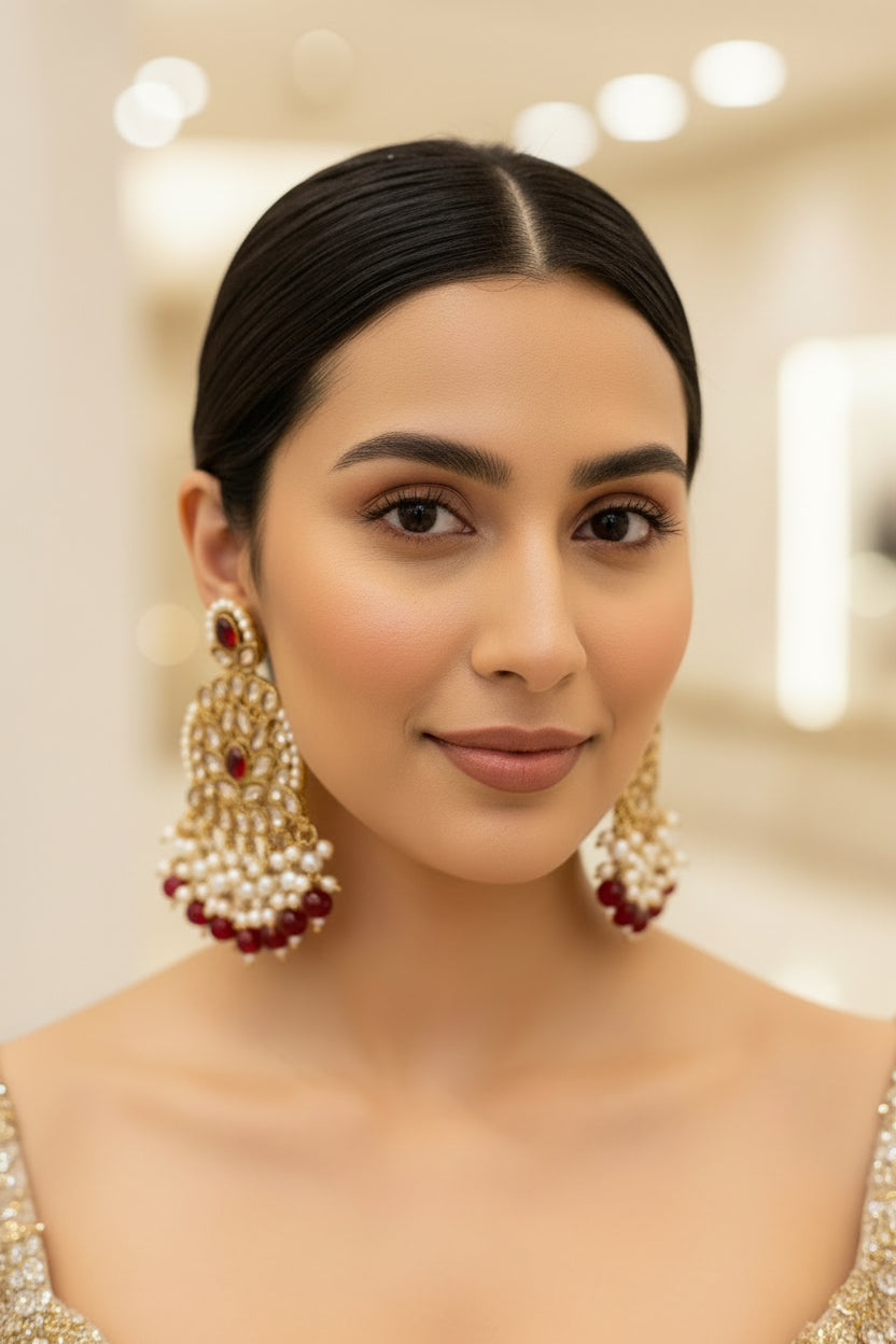 Ornate brass earrings with rose gold polish , red, and pearl details on a model