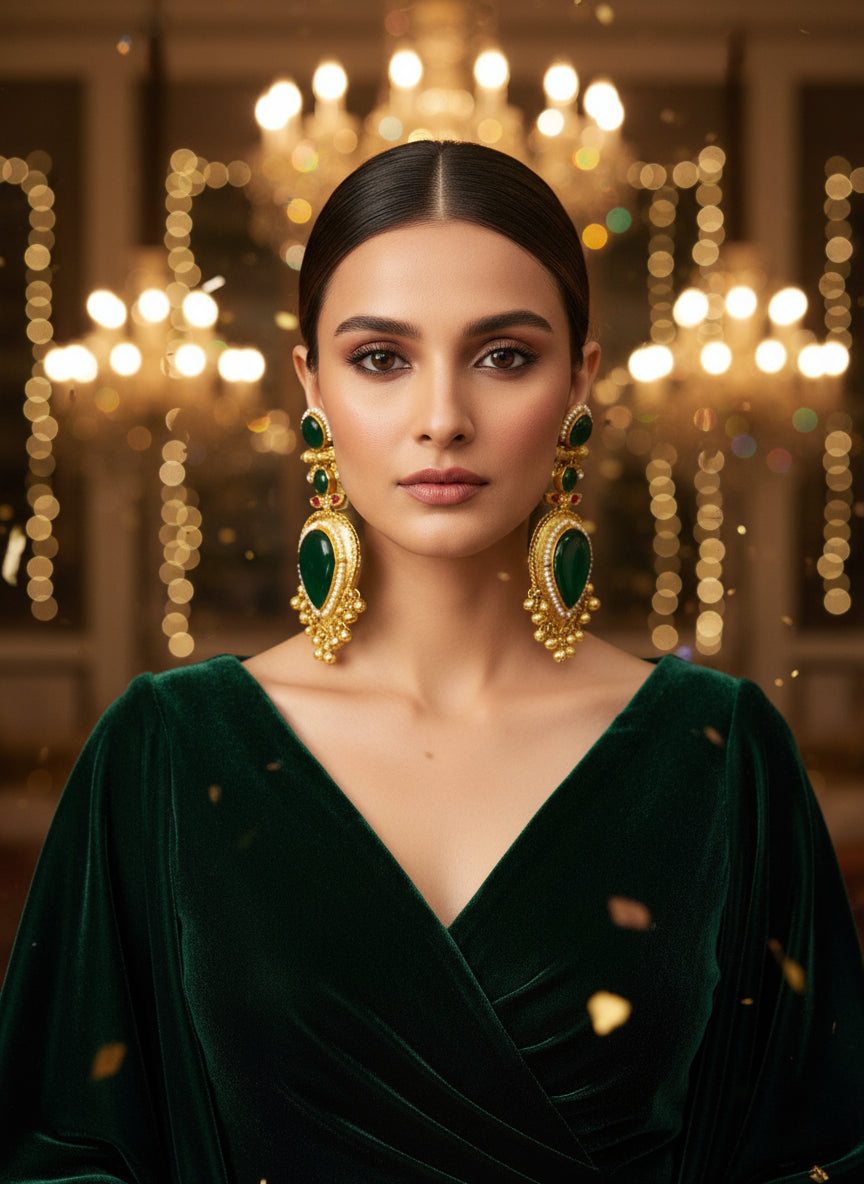 Ornate gold and green gemstone earrings on a textured white surface