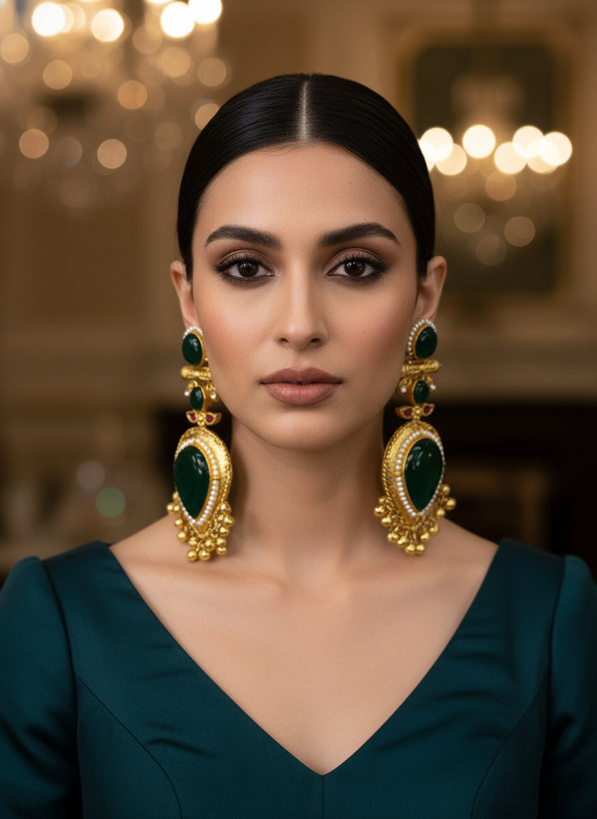 Ornate gold earrings with green gemstones on a textured white surface