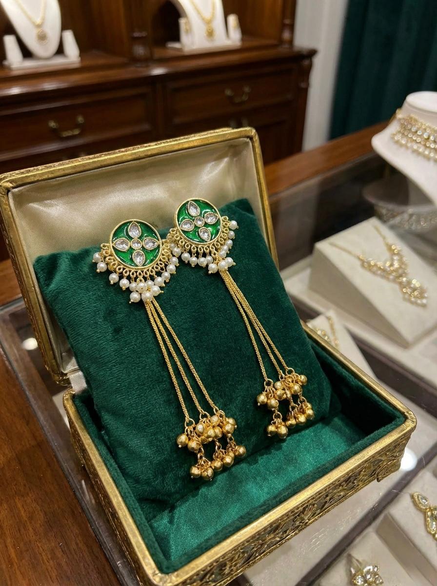 Ornate jhumkas adorned with bottle green crystal accents and matching green teardrop droplets.