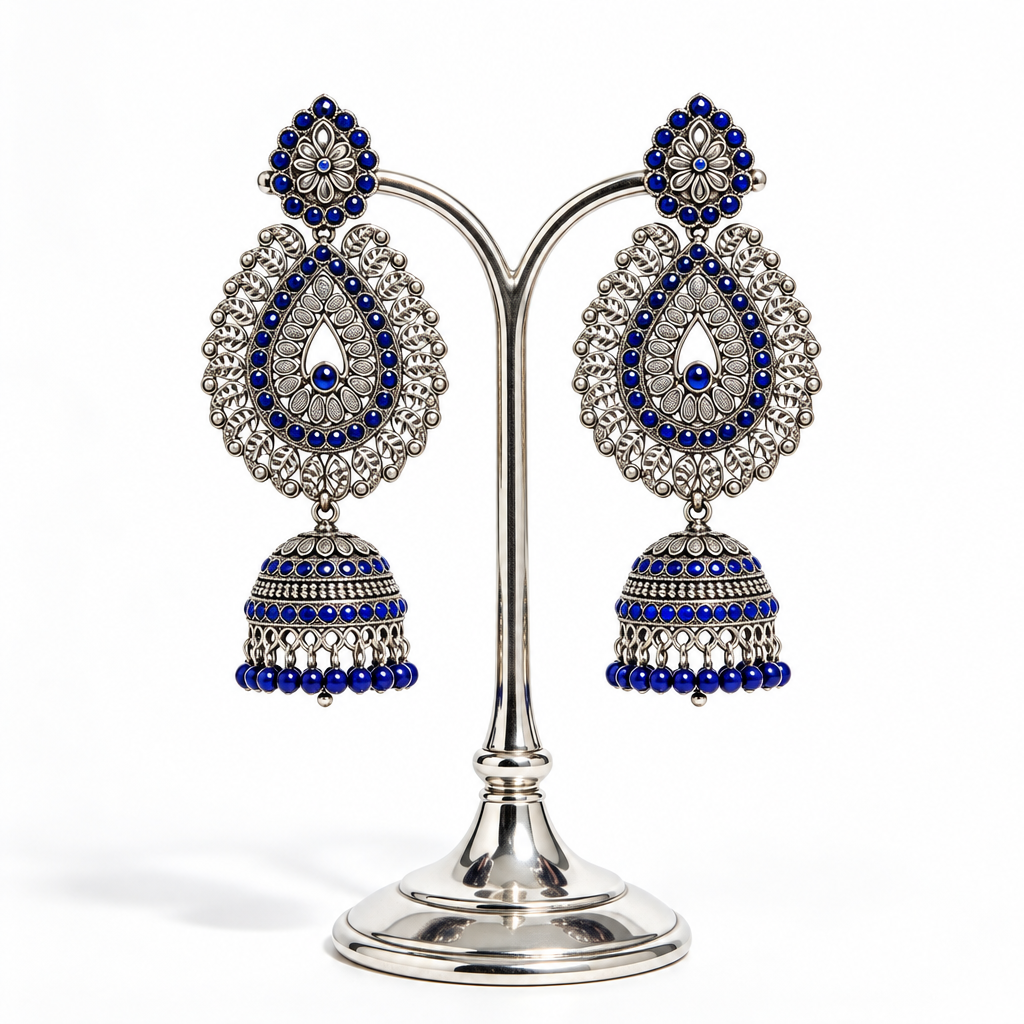 Cobalt blue oxidised \teardrop jhumka on silver stand