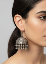 Oxidised black jhumkas with small bells in the bottom and hooks to go in the ear by famaza couture
