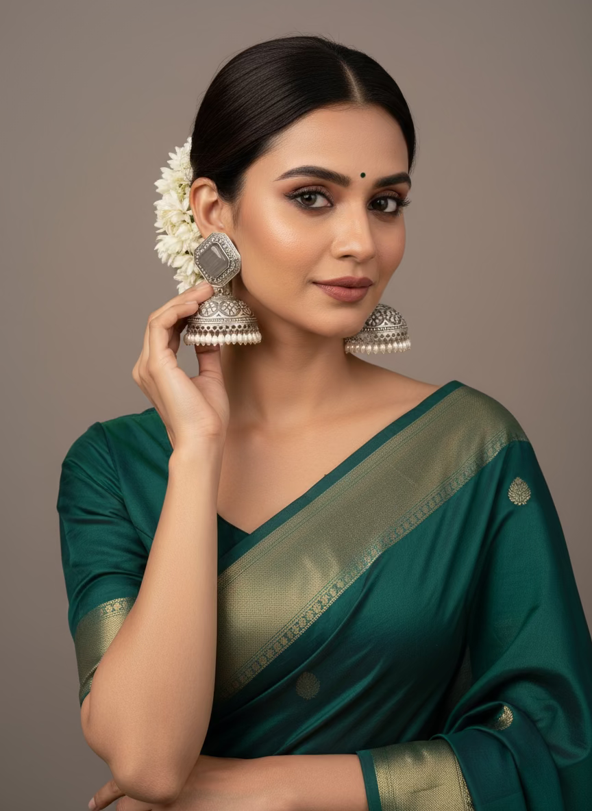 Oxidised jhumka statement earrings in antique silver finish – front view