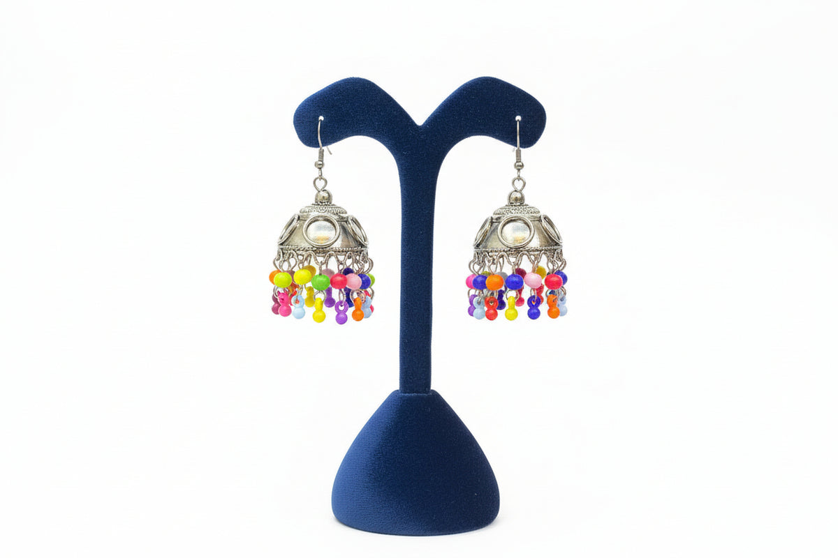 Oxidised jhumka with hook on the top and multicoloured beads hanging in the jhumka dome bottom.