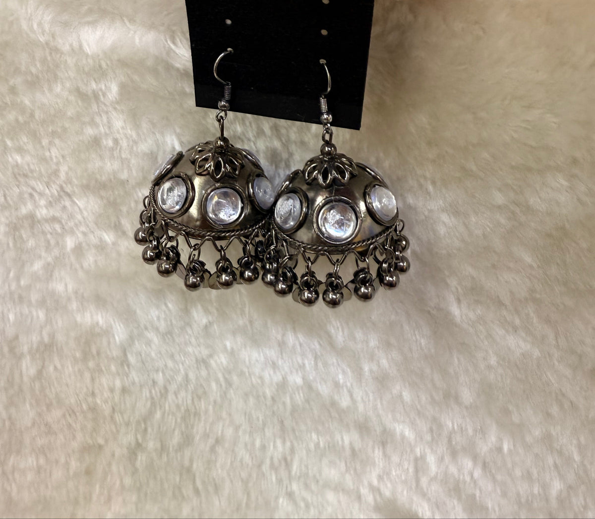 Oxidised jhumka statement earrings in antique silver finish – front view