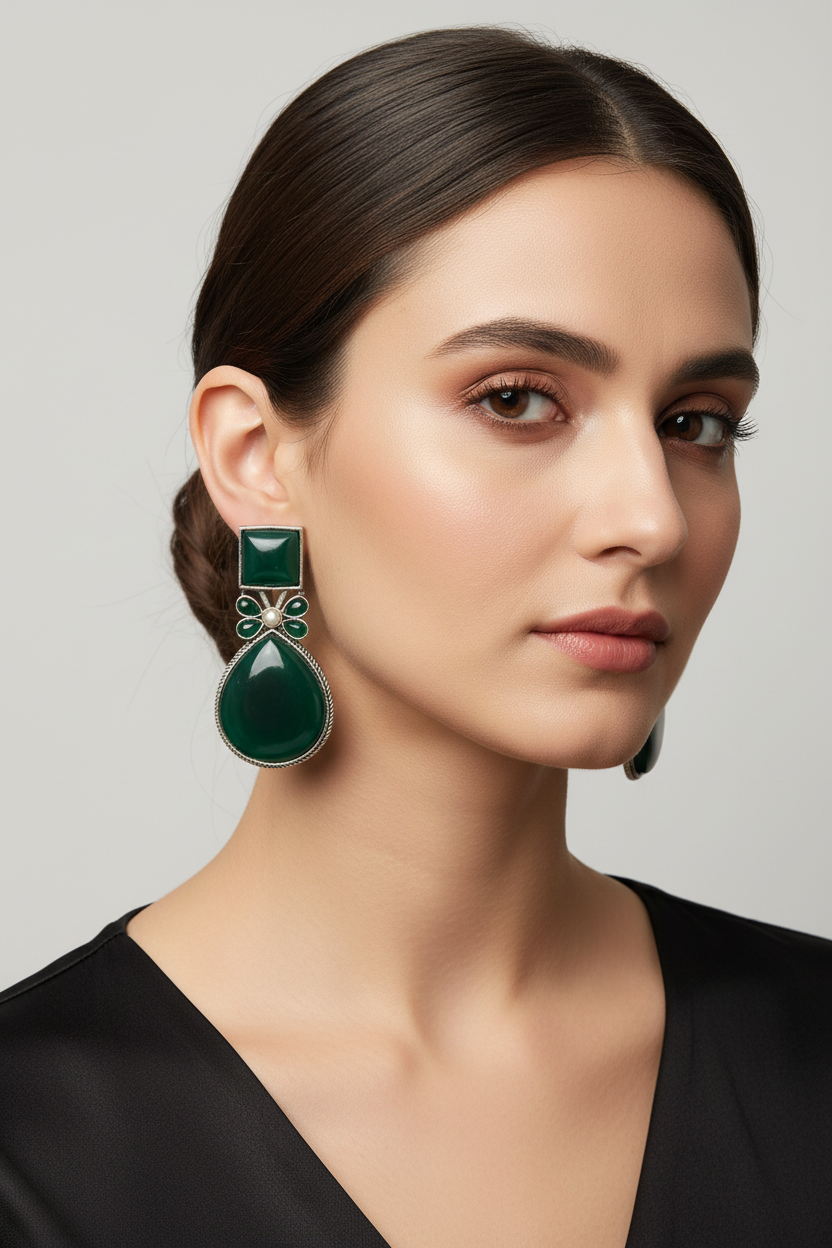 Oxidised Silver-Toned Floral & Teardrop Mona Lisa Stone Statement Earrings
