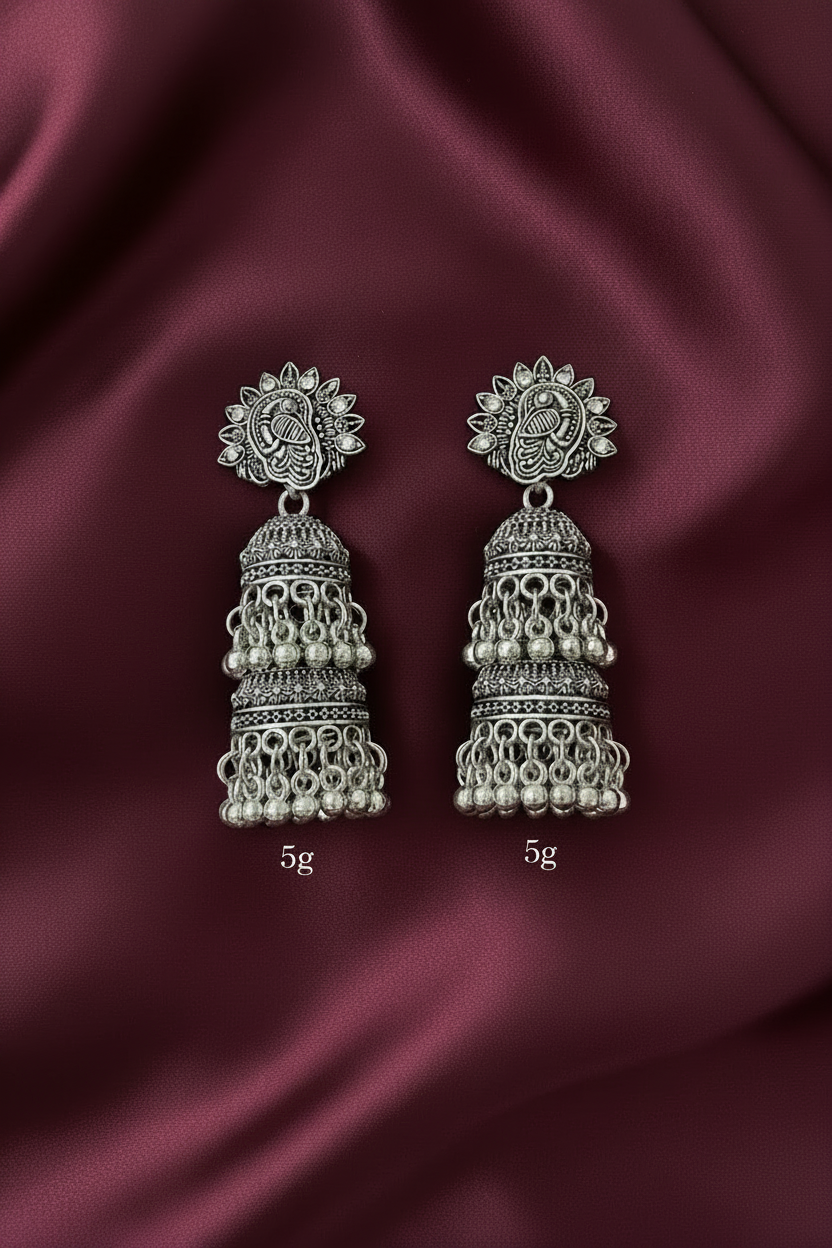 A posh model wearing a pair of intricate, oxidized silver jhumka earrings against a clean, pure white background.