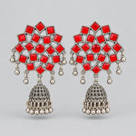 Oxidized silver finish red kundan meenakari chandbali style jhumka earrings, bridal statement jewelry, geometric red stones with silver jhumki, Pakistani Indian wedding wear.