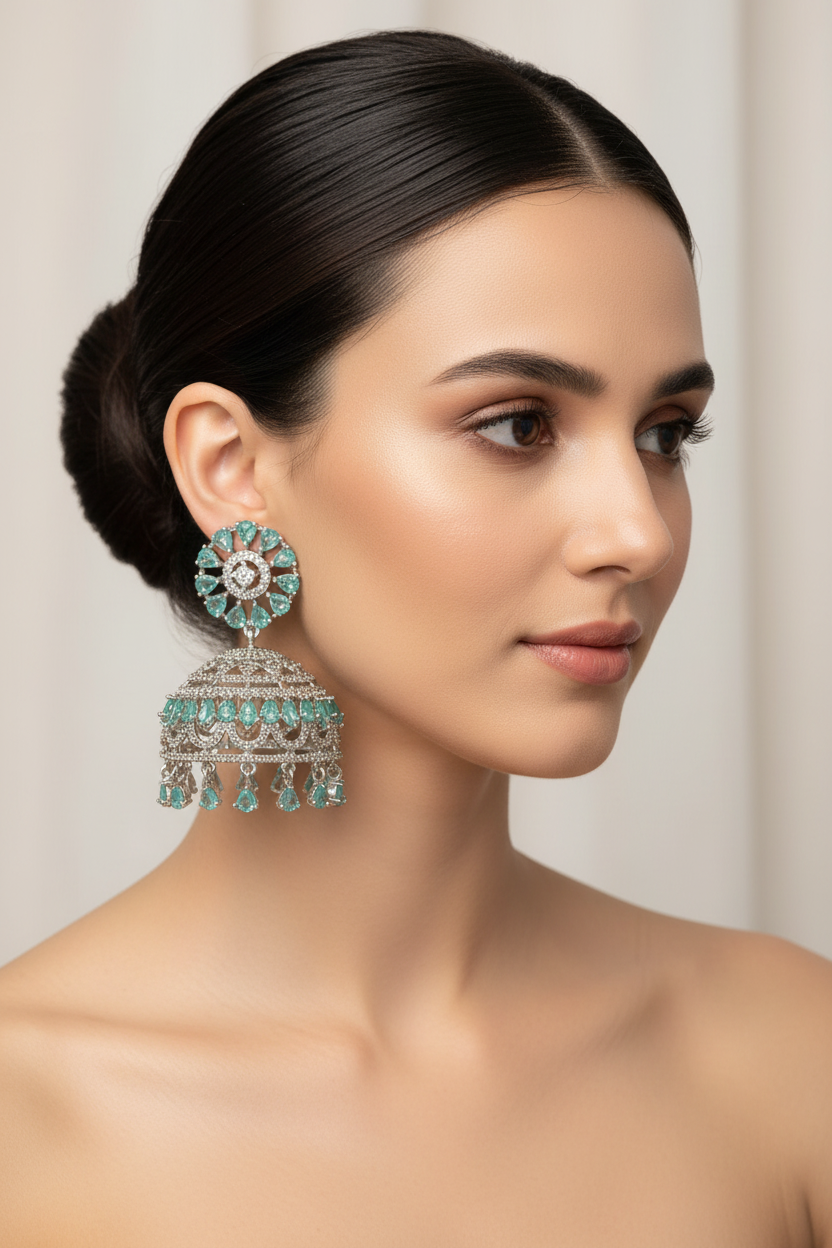 Ornate Silver-Toned Dome Jhumke with Sparking Marquise Crystal Droplets | Earrings