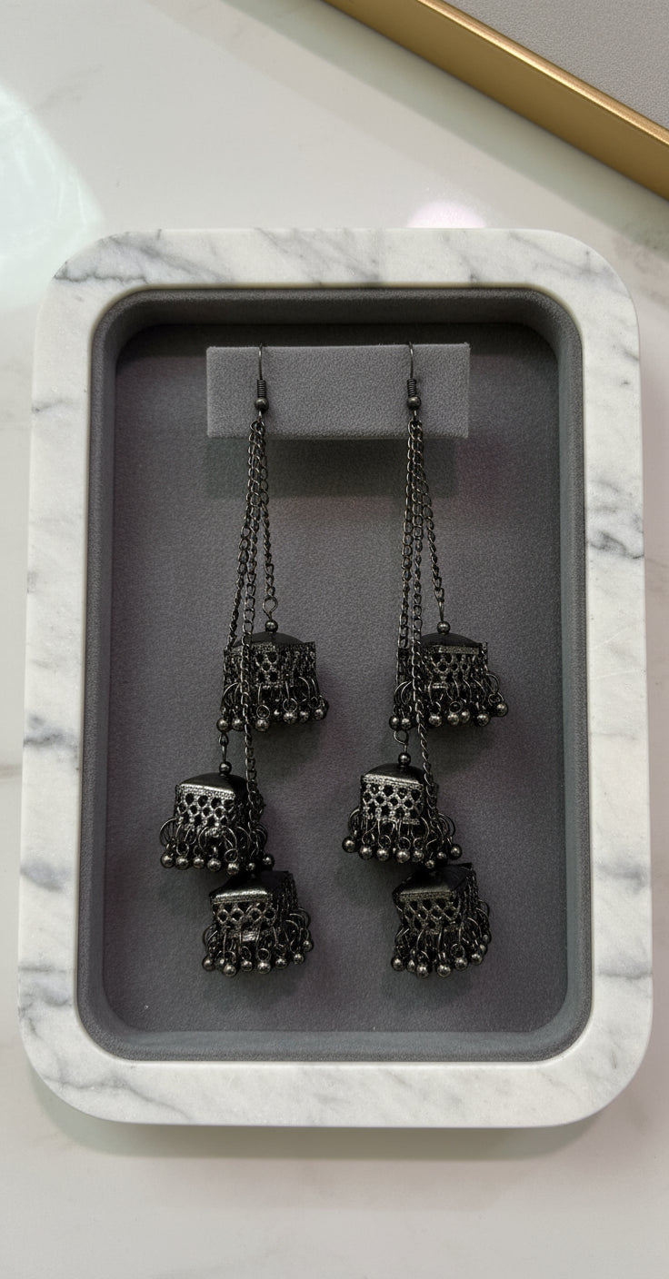 Handcrafted black oxidised silver jhumkey chandelier earrings Famaza Couture London.