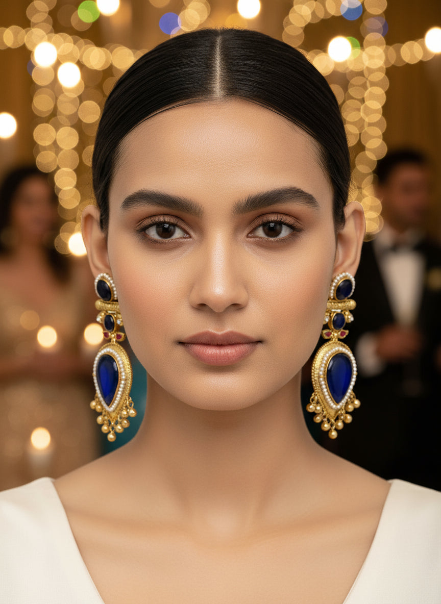 Pair of gold and blue gemstone earrings on a textured white surface