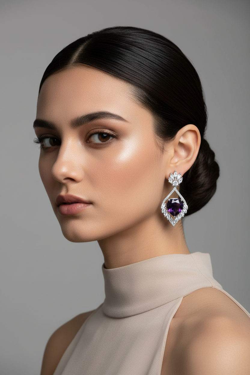 Woman wearing a pair of earrings with a gray background