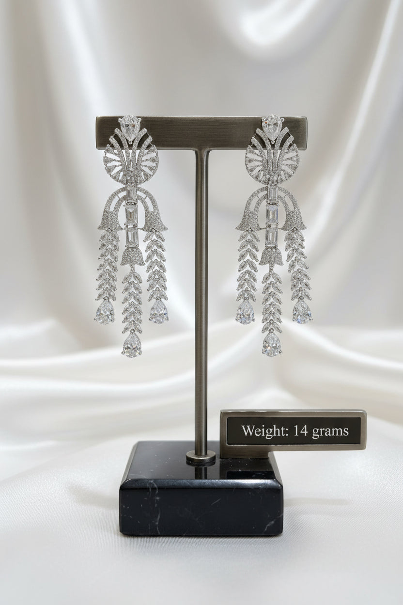 Art Deco style palm cascade earrings silver plated, encrusted with cubic zirconia, long dangling design for weddings and formal events
