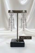 Art Deco style palm cascade earrings silver plated, encrusted with cubic zirconia, long dangling design for weddings and formal events
