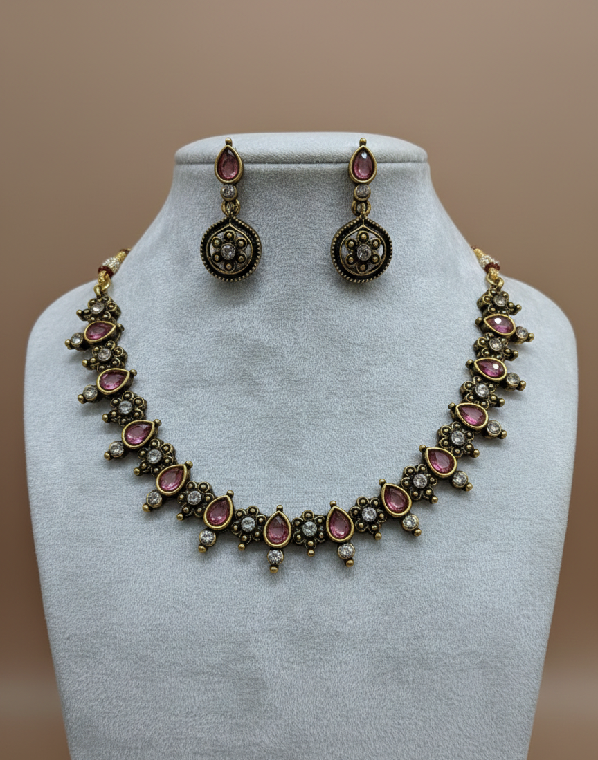 Party wear pink stone jewellery set silver plated