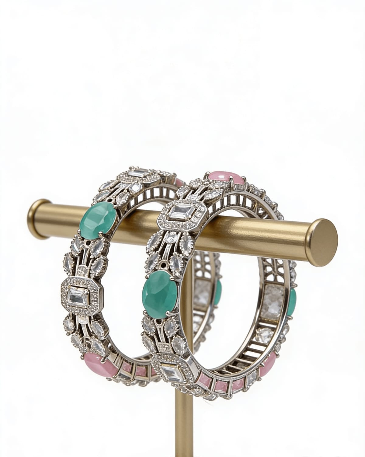 Set of 2 pastel fusion slip-on bangles – mint green and rose pink cabochon stones with baguette cut American diamonds on silver cuffs
