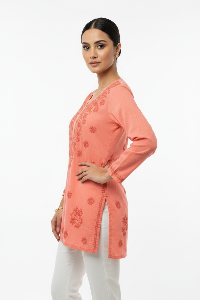 The Aaliyah Peach Chikankari Embroidered Cotton Kurti