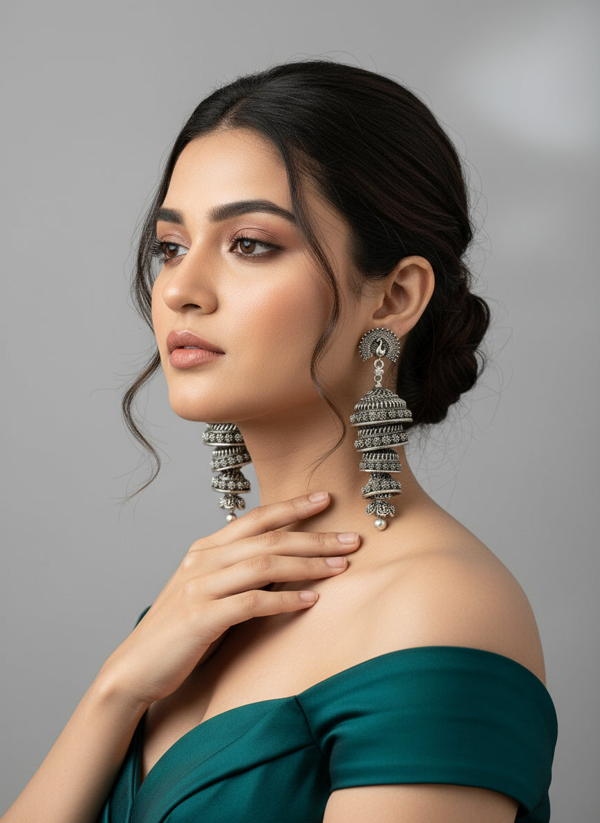 Silver oxidised chandelier earrings peacock design Famaza Couture